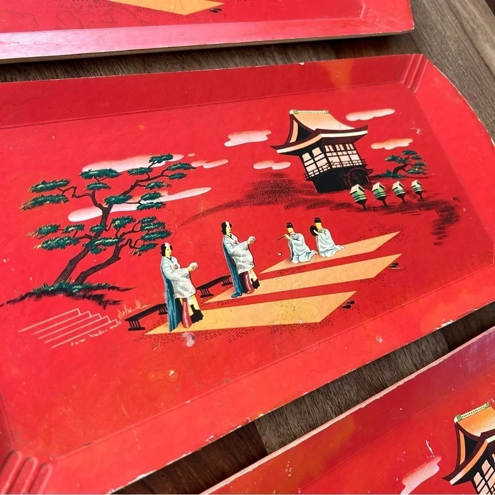Vintage Hasko wood veneer lap trays red Asian scene MCM 50s set of 3